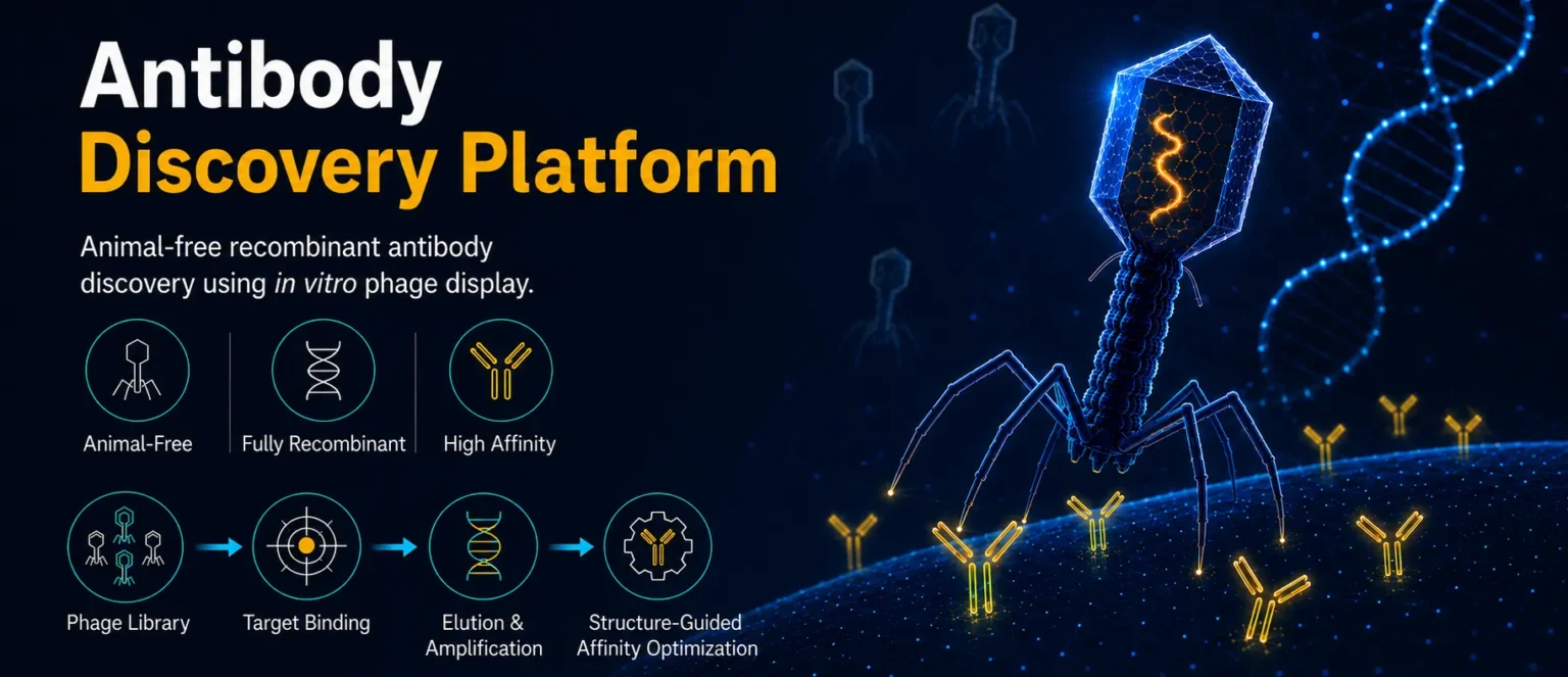 Animal-free recombinant antibody discovery platform using phage display and structure-guided affinity optimization.