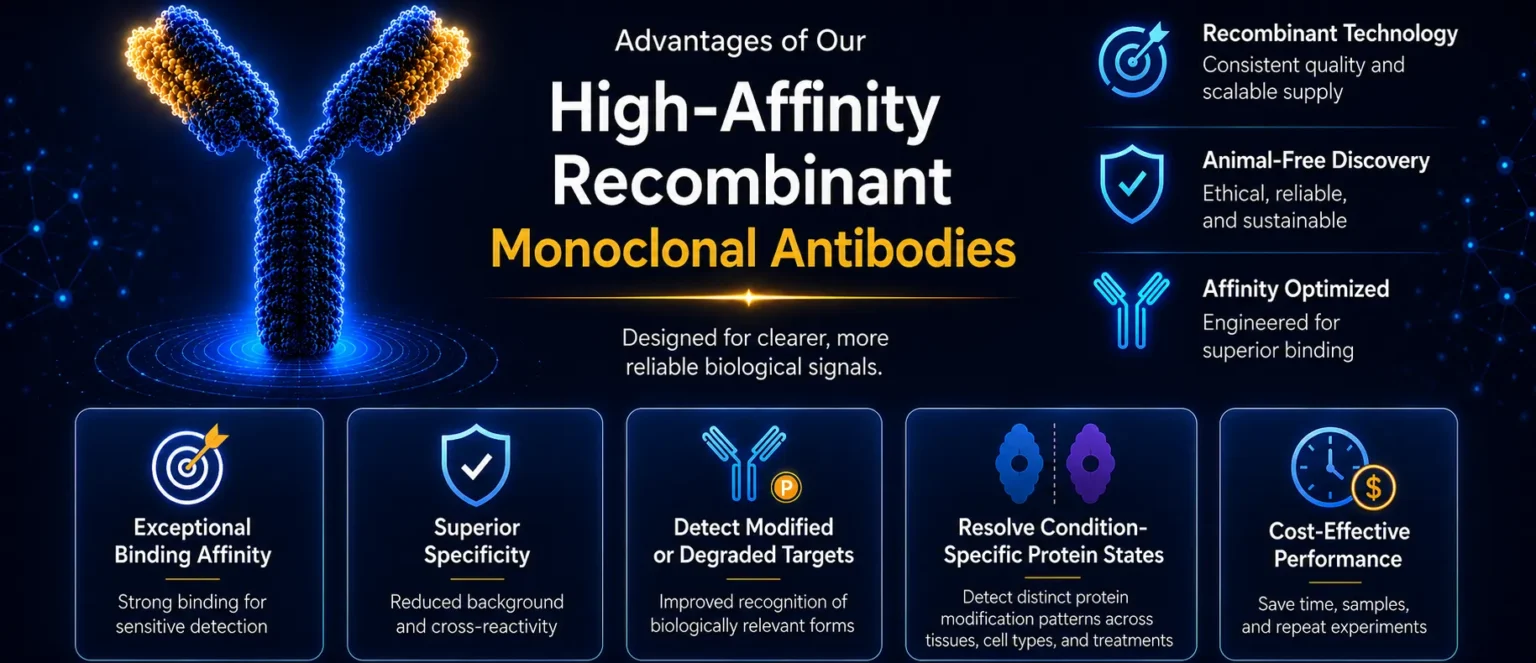 Advantages of high-affinity recombinant monoclonal antibodies including superior specificity, sensitivity, and detection of modified protein species.